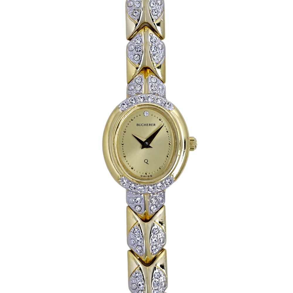 Bucherer Q Vintage 80's Ladies 14k Gold Plated Watch Diamond Bracelet Swiss Made